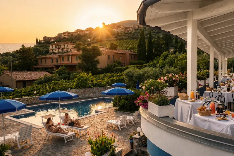 Terrazza al tramonto con piscina, ombrelloni e il paese sulla collina